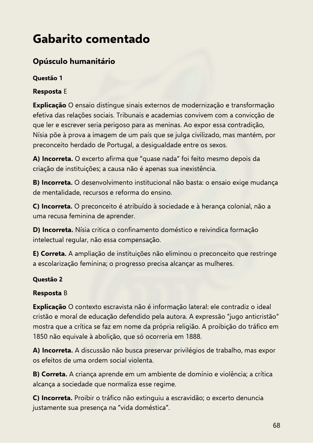 Página do gabarito comentado, com a explicação de cada alternativa