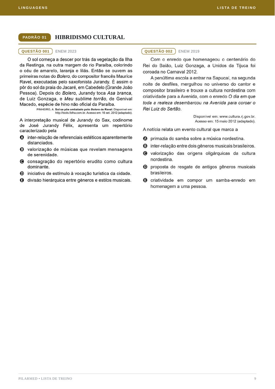 Página da Lista de Treino por Padrão com questões de Linguagens sobre hibridismo cultural